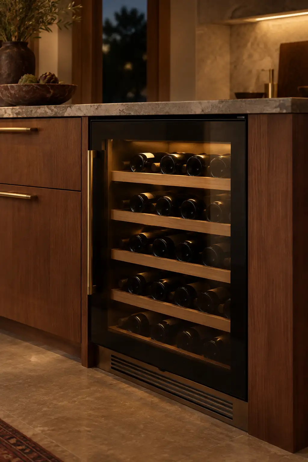 A dark-glass wine cooler built into wood cabinetry in a calm kitchen at evening, unlabeled bottles resting on wooden shelves inside